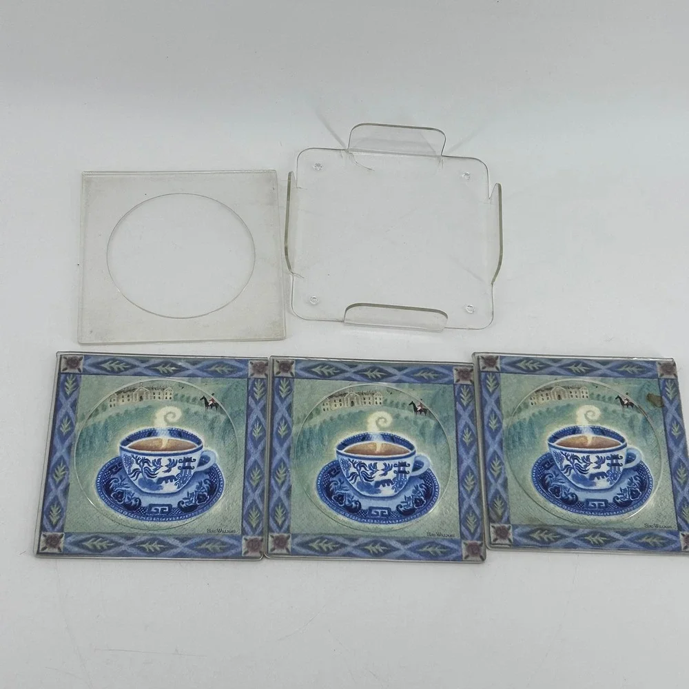 Sue Williams Blue Willow Coffee Tea Cup Acrylic Coaster Set of 4 with Holder